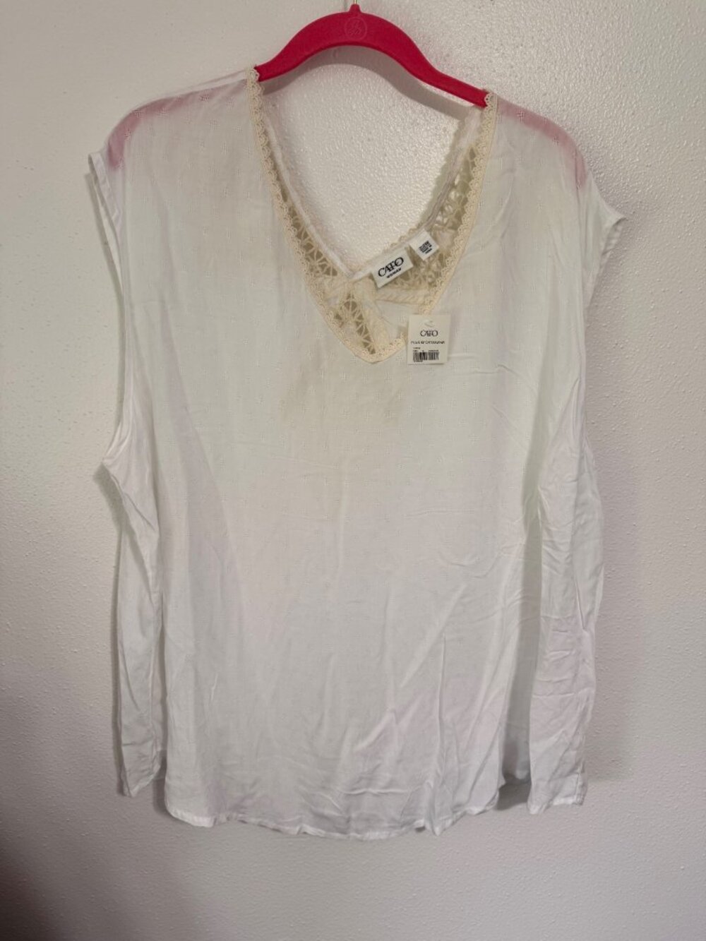 Cato NWT Sleeveless Blouse White Crochet Lace Trim V Neck Womans 22/24W